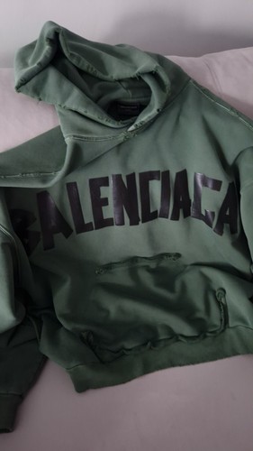 Felpa con cappuccio Balenciaga nuova tipo nastro tasca strappata vestibilità grande verde scuro taglia M Medium