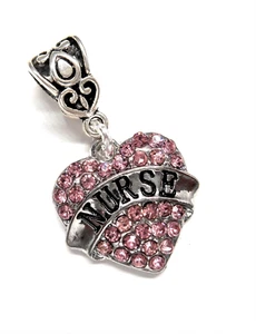 NURSE PINK PAVE CRYSTAL HEART EUROPEAN BRACELET CHARM BEAD & POUCH! - Picture 1 of 2