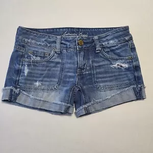 American Eagle blaue Jeans-Shorts Denim mittelgewaschen zerstört Größe 0 - Bild 1 von 3