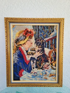 Vintage Needlepoint Lady Portrait w/Dog Tapestry Cross Stitch French 35''x 28'' - Picture 1 of 16