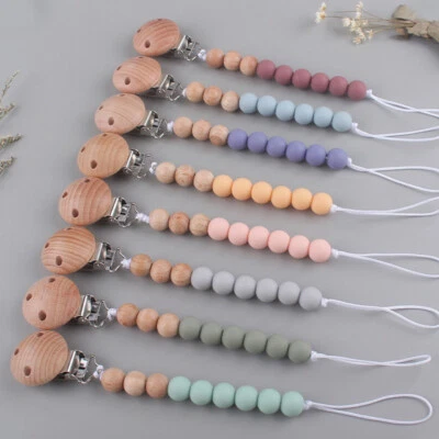 Baby Silicone Dummy Clip with wooden beads Soother Pacifier Chain Strap Holder - Image 1 of 4