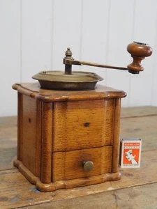 Antique Oak & Brass Coffee Grinder Vintage Manual Large - Picture 1 of 6