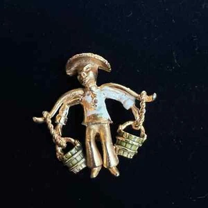 Vintage Asian Themed Brooch, Man Carrying Water Market Buckets Distressed Paint - Picture 1 of 9
