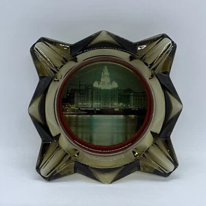 Vintage Smoked Glass Ashtray with Photo Of City Skyline - Made In France - Picture 1 of 12