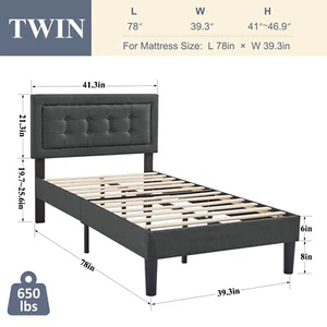 Twin Full Queen Upholstered Bed Frame Slat Platform with Adjustable Headboard - Picture 1 of 37