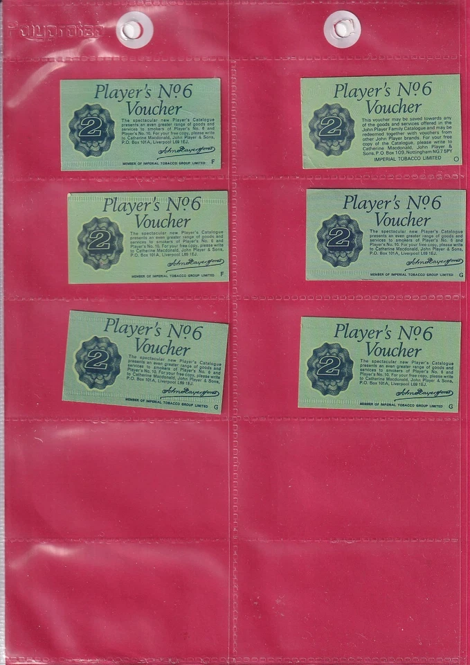 PLAYER'S NO. 6 VOUCHERS - 6  x 2 VOUCHERS - PACKET INSERTS  - 1960s - Image 1 of 1