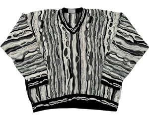 Vintage Coogi 3D Knit Sweater V Neck Black White Mercerized Cotton 90s - Picture 1 of 8