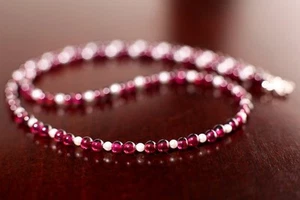 Red Garnet & Pearl Smooth Round Gemstone Beaded Minimalist Choker Necklaces 18" - Picture 1 of 10