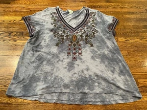 Sundance Camicia Donna XXL Blu Ricamato Floreale Scollo a V Relax Top Blusa - Foto 1 di 7