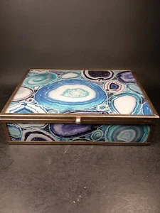Faux Agate Hinged Glass Brass Jewelry Box Rectangler - Picture 1 of 10