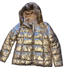 Damen Puffer Jacke Medium Y2K Metallic Pelzbesatz Mantel leicht warm - Bild 1 von 18
