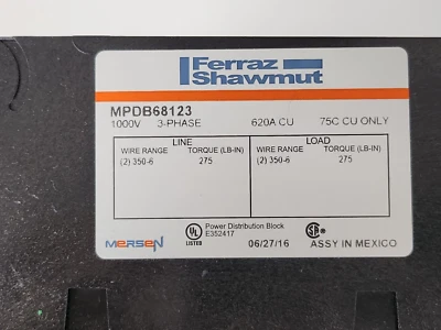 MERSEN power Distribution Block MPDB68123. 3p, 1000V, 620A, 2Line, 2 load - Image 1 of 2