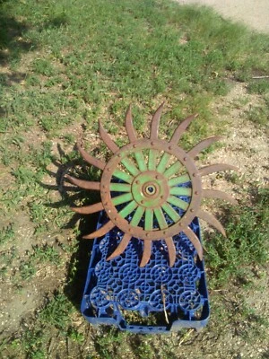 2 Wheels off of a John Deere Rotary Hoe, Yard Art Steampunk iron wheel - Image 1 of 4