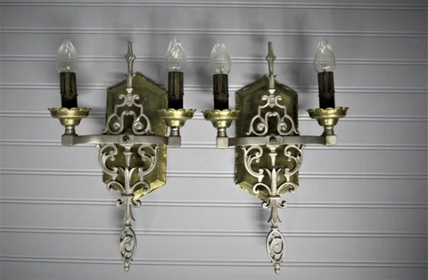 Vintage Antique 1920's Art Deco Sconces Cast Brass Nickel 14 3/4" Tall Restored Cover