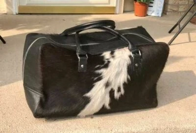 Bolso de Lona Largo Cremallera Cuero de Vaca Blanco y Negro Cuero Fin de Semana Camping Lona Foto 1 de 2