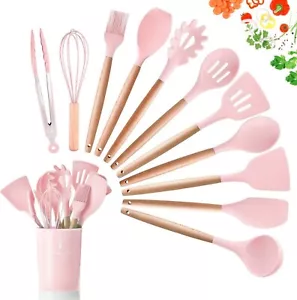 Set Utensili Cucina 12 Pezzi Silicone Antiaderente Rosa con Manici in Legno Naturale - Foto 1 di 8