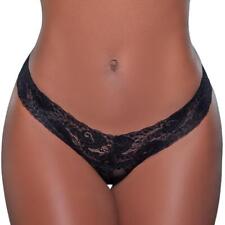 Black Lace Thong Panty Low Rise V Cut Panties Underwear Semi Sheer Floral 1160