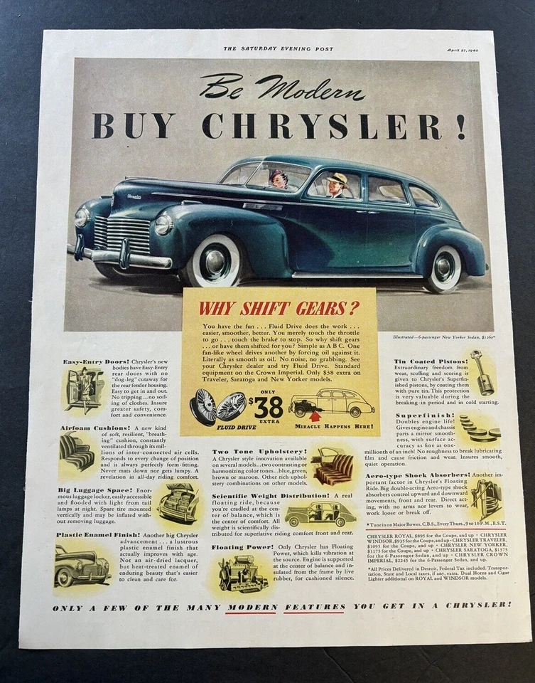 1940 CHRYSLER VINTAGE AUTO PRINT AD 6 PASSENGER NEW YORKER SEDAN .FLUID DRIVE - Image 1 of 1