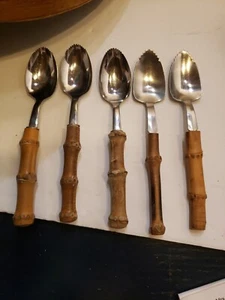 5 Pc Lot Vtg Tiki BAMBOO HANDLE GRAPEFRUIT CITRUS SERATED EDGE SPOONS JAPAN MCM  - Picture 1 of 10