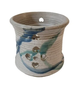 Hand Turned Studio Pottery Votive Luminary Candle Holder White Blue Green - Picture 1 of 8