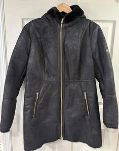Michael Kors Black Faux Shearling Hooded Coat Jacket Women’s Size L Gold Zip - Picture 1 of 22