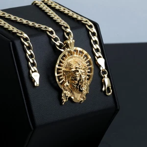 Collana girocollo cubana in ottone placcato oro 14 kt con volto aureola Gesù risorto 5 mm 20" - Foto 1 di 16