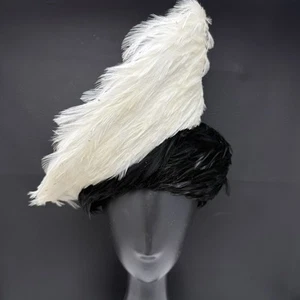 Original Jack McConnell Red Feather Hat Wool Black White Feathers Crystals - Picture 1 of 8