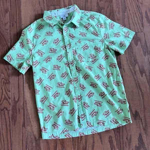 DISNEY PARKS Pizza Planet Toy Story Short Sleeve Shirt All Over Green Sz S Vacay - Picture 1 of 8