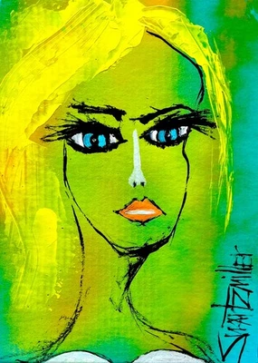 Colorful Green Lady Portrait POP ART PAINTING Recycled Original SWARTZMILLER DNA - Image 1 of 4