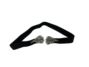 Chicos Black Stretch Belt Size Large Silver Tone Scroll Buckle Ornate - Picture 1 of 8