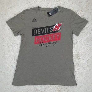 Womans Adidas NHL New Jersey Devils Hockey V-neck T-shirt Grey Size M L XL 2XL - Picture 1 of 3