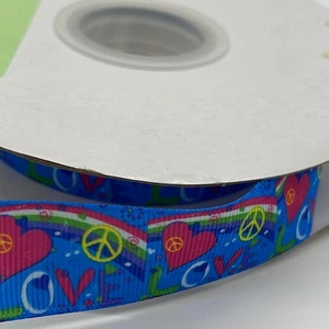 Hippie Love Peace Blue Rainbow Hearts 7/8" Ribbon 3 yards - Picture 1 of 3