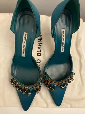 Manolo Blahnik 36 Silk Satin Ornate Crystal Embellishments 3.75" heels Good cond - Image 1 of 4