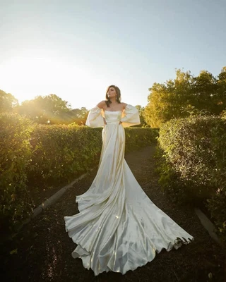 Elegant Satin off the Shoulder Wedding Dresses with Court Train Bridal Gowns - Image 1 of 4