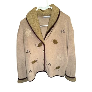 Cozy Women's Medium Beige Fleece Embroidered Leaf Button Front Jacket Coat - Picture 1 of 3