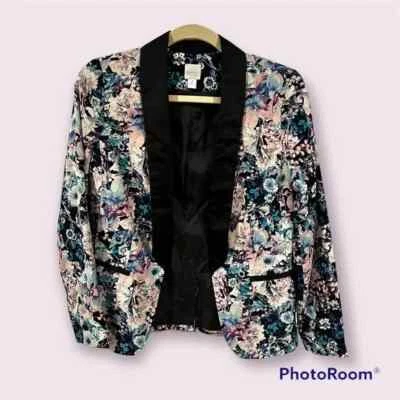 Chaqueta Blazer Esmoquin LC Lauren Conrad Azul Intención Floral Manga Larga, Talla 4 Foto 1 de 4