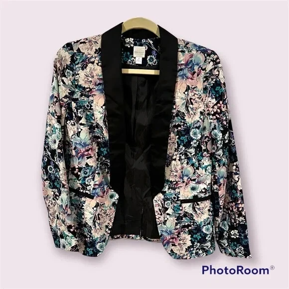 Chaqueta Blazer Esmoquin LC Lauren Conrad Azul Intención Floral Manga Larga, Talla 4 Foto 1 de 4