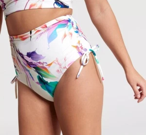 CALIA Women's High Waisted Ruched Side Tie Swim Bottoms Cream/Multi XS, S, L, XL - Picture 1 of 7