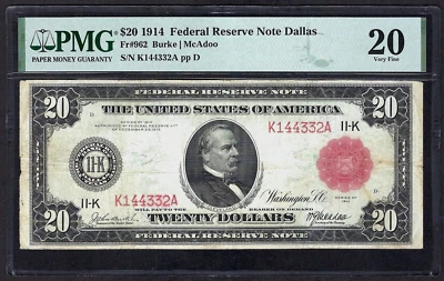 🇺🇸 1914 $20 RED-SEAL FR-962  ♚♚DALLAS♚♚ PMG VERY FINE 20 SCARCE NOTE! - Image 1 of 2