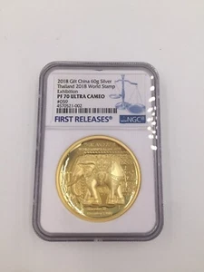 2018 Thailand World Stamp expo Gilt Silver Elephant Medal 60g NGC PF70  - Picture 1 of 2