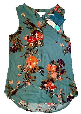 Market Spruce Sleeveless Blouse Women M 3 Button Dressy Teal Floral Tank Rayon - Image 1 of 4
