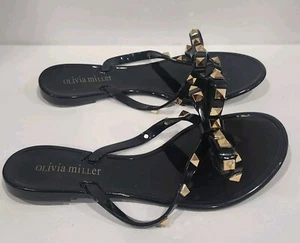 Olivia Miller Woman's Studded Bow Jelly Sandals Size 6 Black and Gold Thong Bow - Picture 1 of 9