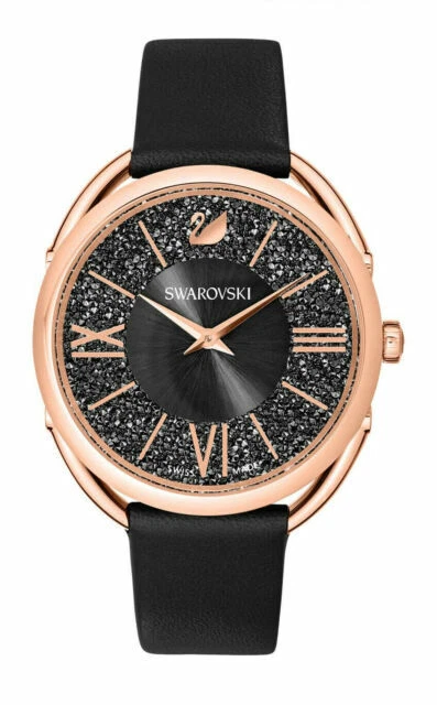 Swarovski Crystalline Glam 35 mm Rose Gold-Plated Case Women's Black Leather Strap Wristwatch (5452452)