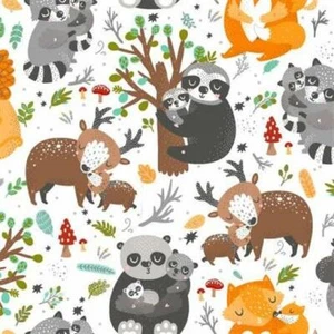 BTY Forest Animal Hugs Panda Deer Fox Racoon White Cotton Fabric By The Yard - Picture 1 of 1
