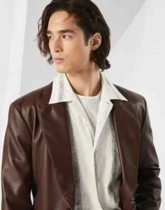 Leather Blazer Men's Brown Premium Lambskin Leather 2 Button Classic Coat - Picture 1 of 15