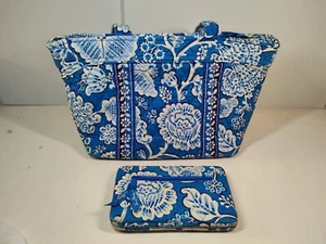 Vera Bradley Mandy Top Zip Tote Bag Purse Blue Lagoon Floral Pattern & wallet - Picture 1 of 10