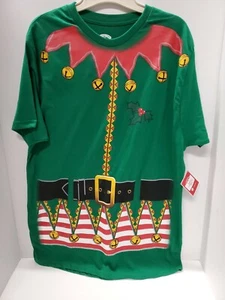 Mens Green Christmas Elf Print Holiday T-Shirt Sz LG (42-44) - Picture 1 of 5