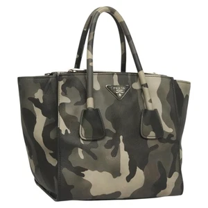 PRADA Camouflage Hand Bag Safiano Leather Khaki Silver Auth bs26900 - Picture 1 of 24