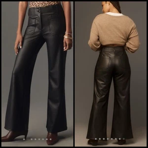 Anthropologie Maeve The Junie High-Rise Flare Pants Faux Leather Size 28 Black - Picture 1 of 16