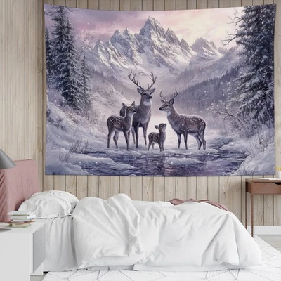 Tapiz de ciervo vida silvestre de montaña Winter Wonderland para dormitorio sala dormitorio Foto 1 de 4